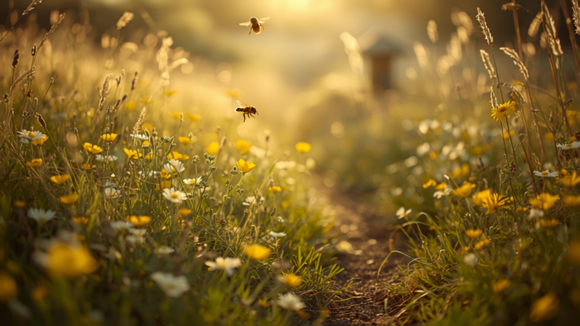 A honey bee feeding on white clover in summer sunshine